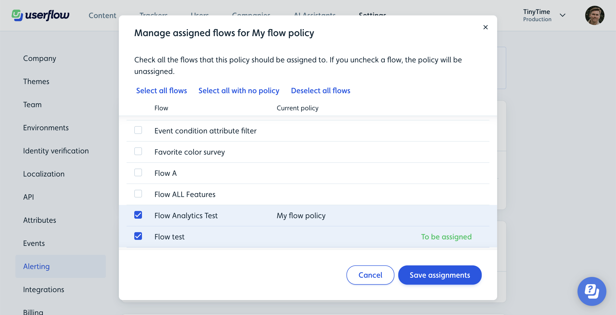 Manage assigned flows dialog