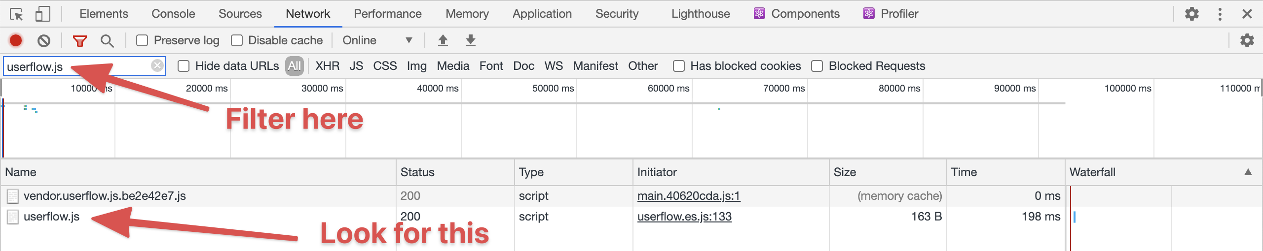 Network panel showing userflow.js