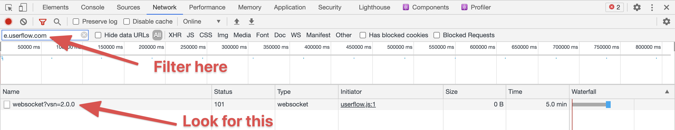 Network panel showing Websocket